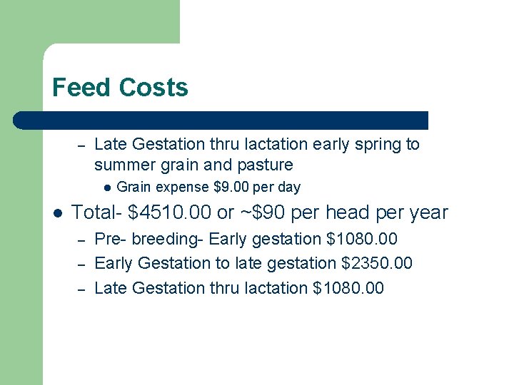 Feed Costs – Late Gestation thru lactation early spring to summer grain and pasture