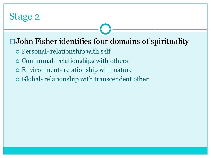 Stage 2 �John Fisher identifies four domains of spirituality Personal- relationship with self Communal-