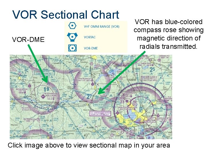 VOR Sectional Chart VOR-DME VOR has blue-colored compass rose showing magnetic direction of radials