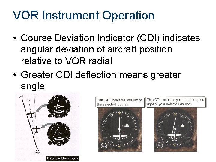 VOR Instrument Operation • Course Deviation Indicator (CDI) indicates angular deviation of aircraft position