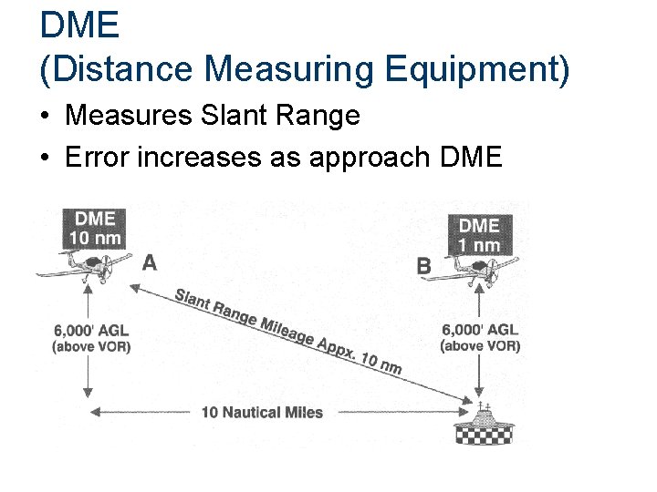 DME (Distance Measuring Equipment) • Measures Slant Range • Error increases as approach DME