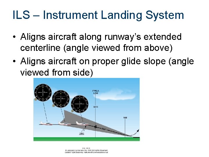 ILS – Instrument Landing System • Aligns aircraft along runway’s extended centerline (angle viewed