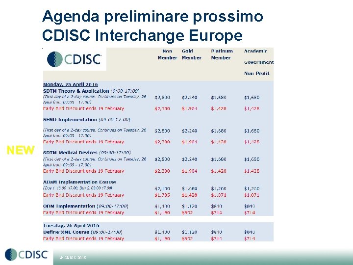 Agenda preliminare prossimo CDISC Interchange Europe Vienna (25 -29 Aprile 2016) 25, 26 e