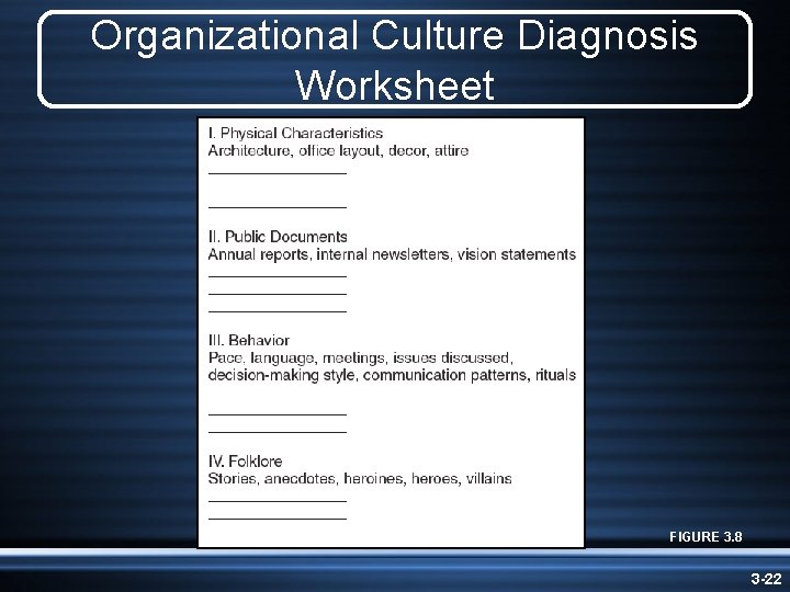 Organizational Culture Diagnosis Worksheet FIGURE 3. 8 3 -22 