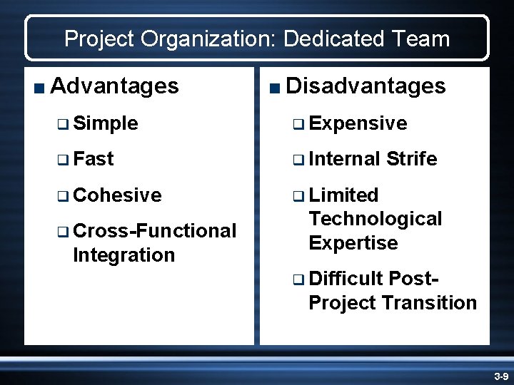 Project Organization: Dedicated Team < Advantages < Disadvantages q Simple q Expensive q Fast