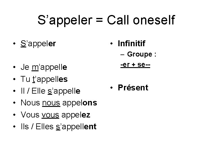 S’appeler = Call oneself • S’appeler • • • Je m’appelle Tu t’appelles Il