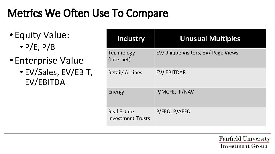 Metrics We Often Use To Compare • Equity Value: • P/E, P/B • Enterprise