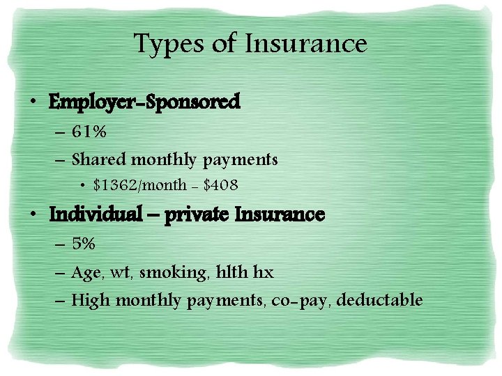 Types of Insurance • Employer-Sponsored – 61% – Shared monthly payments • $1362/month -