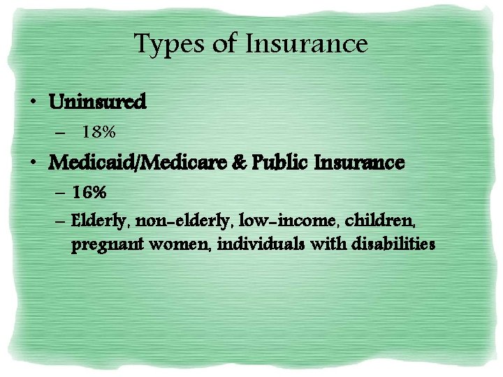 Types of Insurance • Uninsured – 18% • Medicaid/Medicare & Public Insurance – 16% Types of Insurance • Uninsured – 18% • Medicaid/Medicare & Public Insurance – 16%