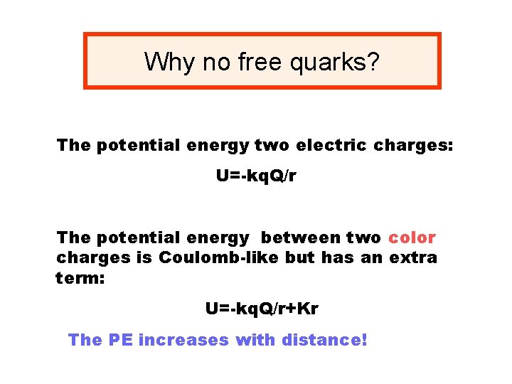 Why no free quarks? The potential energy two electric charges: U=-kq. Q/r The potential