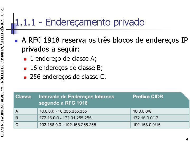 CISCO NETWORKING ACADEMY – NÚCLEO DE COMPUTAÇÃO ELETRÔNICA – UFRJ 1. 1. 1 -