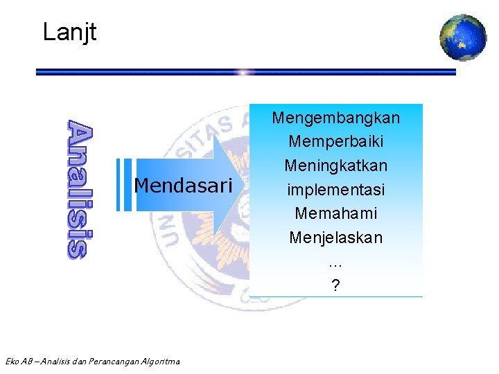 Lanjt Mendasari Eko AB – Analisis dan Perancangan Algoritma Mengembangkan Memperbaiki Meningkatkan implementasi Memahami