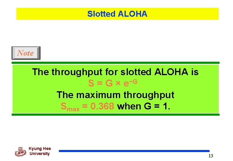 Slotted ALOHA Note The throughput for slotted ALOHA is S = G × e−G.
