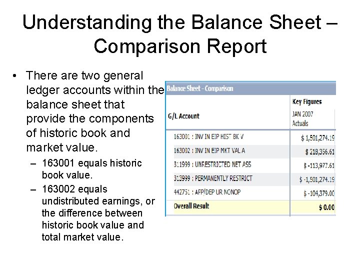 Understanding the Balance Sheet – Comparison Report • There are two general ledger accounts