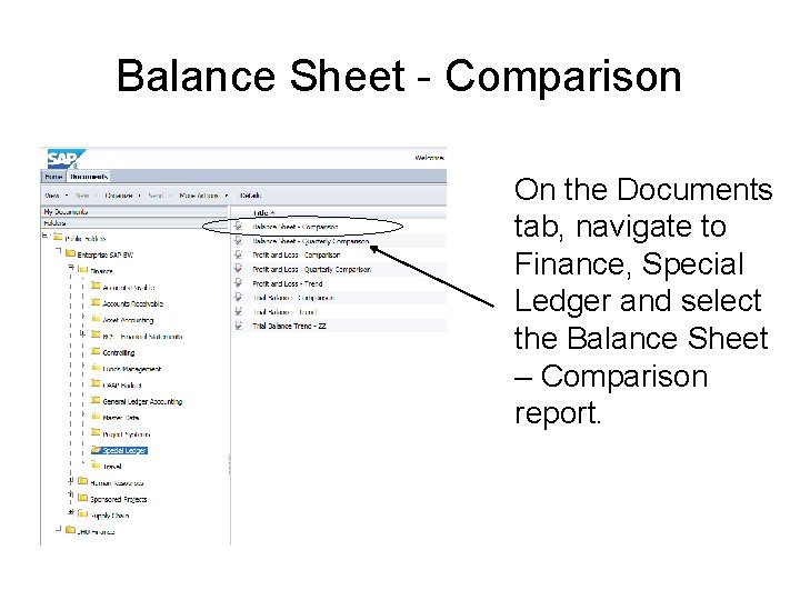 Balance Sheet - Comparison On the Documents tab, navigate to Finance, Special Ledger and