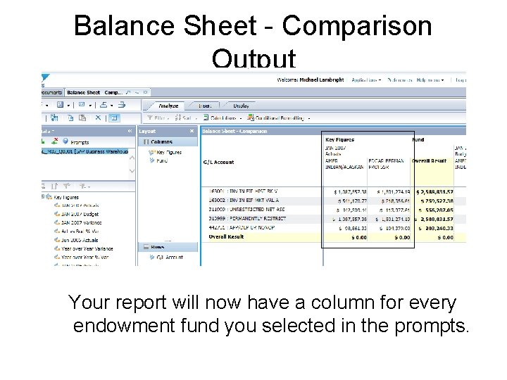 Balance Sheet - Comparison Output Your report will now have a column for every