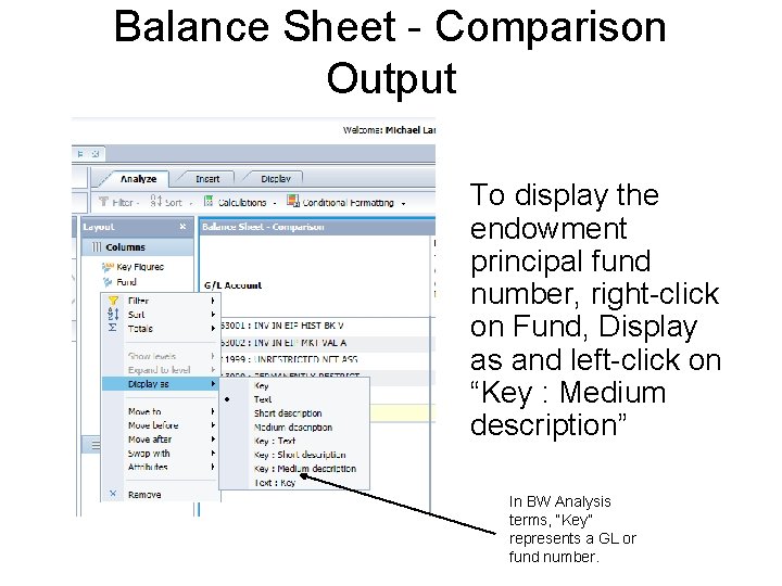 Balance Sheet - Comparison Output To display the endowment principal fund number, right-click on