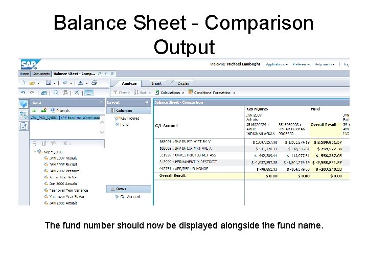 Balance Sheet - Comparison Output The fund number should now be displayed alongside the