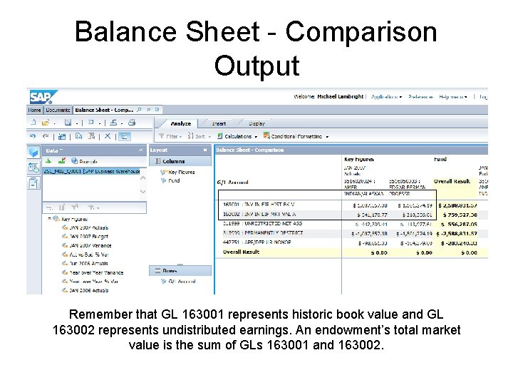 Balance Sheet - Comparison Output Remember that GL 163001 represents historic book value and