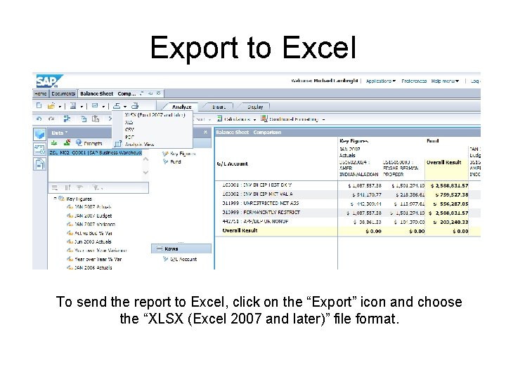 Export to Excel To send the report to Excel, click on the “Export” icon