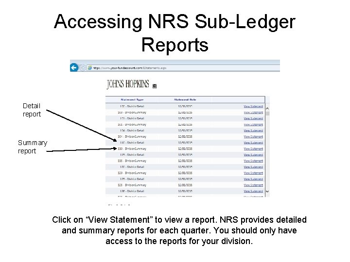 Accessing NRS Sub-Ledger Reports Detail report Summary report Click on “View Statement” to view