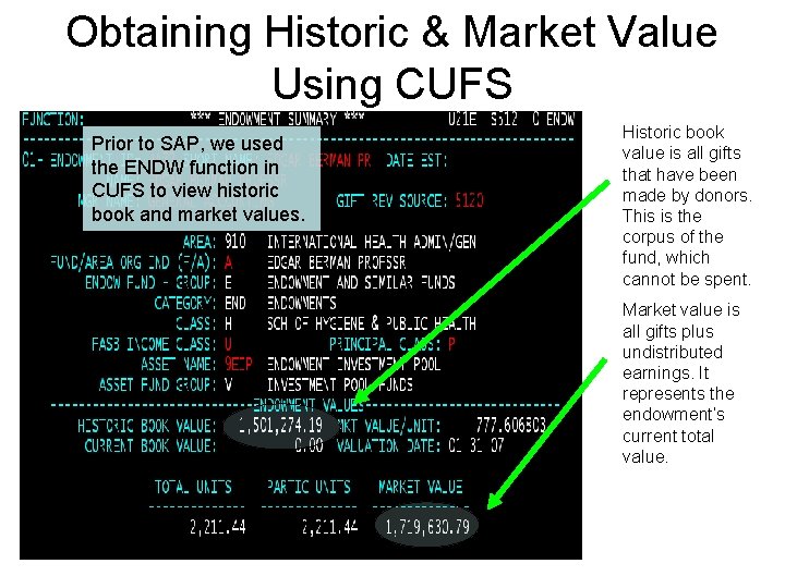 Obtaining Historic & Market Value Using CUFS Prior to SAP, we used the ENDW