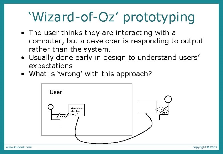 ‘Wizard-of-Oz’ prototyping • The user thinks they are interacting with a computer, but a