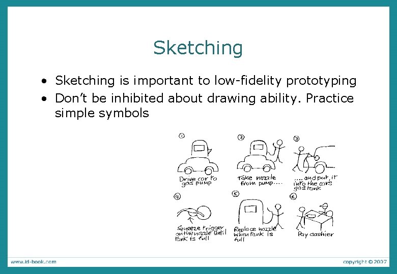 Sketching • Sketching is important to low-fidelity prototyping • Don’t be inhibited about drawing