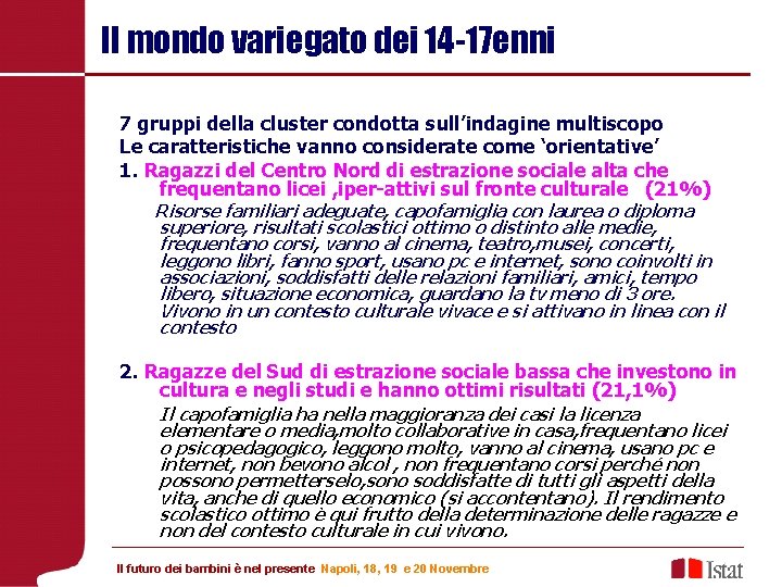 Il mondo variegato dei 14 -17 enni 7 gruppi della cluster condotta sull’indagine multiscopo