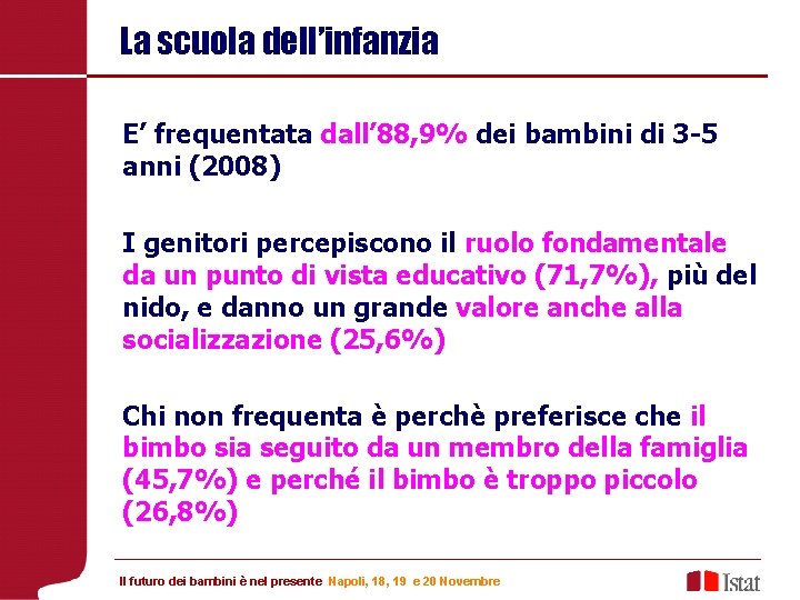 La scuola dell’infanzia E’ frequentata dall’ 88, 9% dei bambini di 3 -5 anni