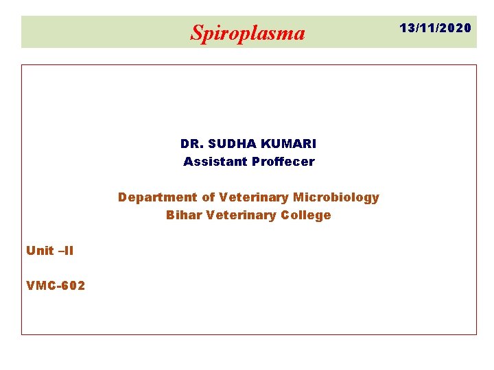 Spiroplasma DR. SUDHA KUMARI Assistant Proffecer Department of Veterinary Microbiology Bihar Veterinary College Unit