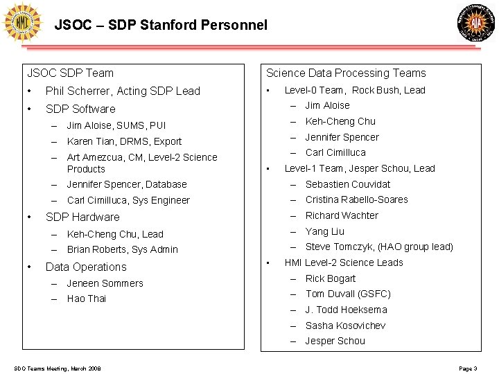 JSOC – SDP Stanford Personnel JSOC SDP Team Science Data Processing Teams • Phil JSOC – SDP Stanford Personnel JSOC SDP Team Science Data Processing Teams • Phil