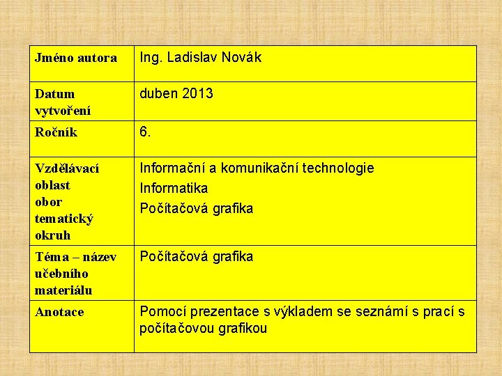 Jméno autora Ing. Ladislav Novák Datum vytvoření duben 2013 Ročník 6. Vzdělávací oblast obor