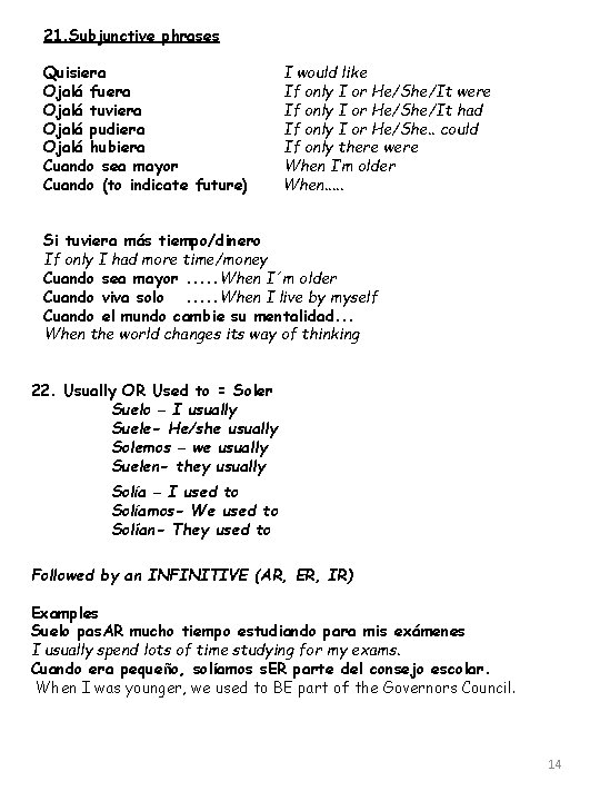 21. Subjunctive phrases Quisiera Ojalá fuera Ojalá tuviera Ojalá pudiera Ojalá hubiera Cuando sea