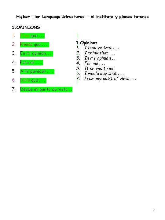 Higher Tier Language Structures – El instituto y planes futuros 1. OPINIONS 1. Creo