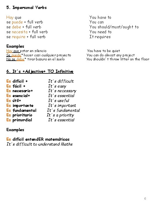 5. Impersonal Verbs Hay que se puede + full verb se debe + full