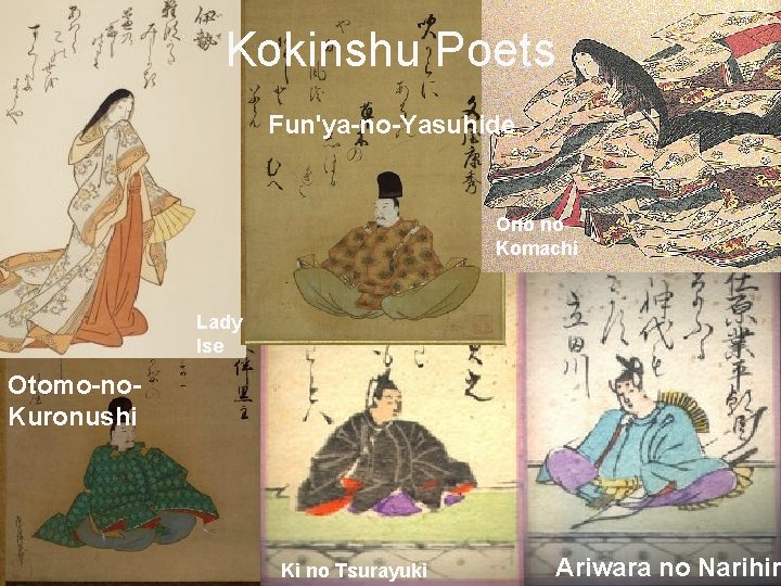 Kokinshu Poets Fun'ya-no-Yasuhide Ono no Komachi Lady Ise Otomo-no. Kuronushi Ki no Tsurayuki Ariwara