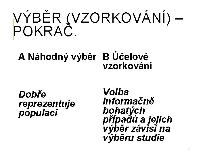 VÝBĚR (VZORKOVÁNÍ) – POKRAČ. A Náhodný výběr B Účelové vzorkování Dobře reprezentuje populaci Volba