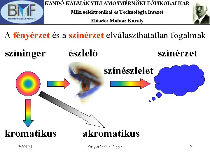 KANDÓ KÁLMÁN VILLAMOSMÉRNÖKI FŐISKOLAI KAR Mikroelektronikai és Technológia Intézet Előadó: Molnár Károly A fényérzet