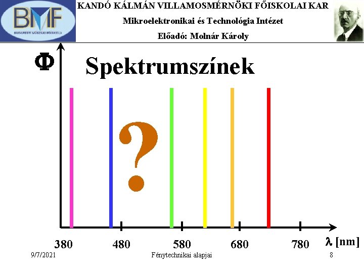 KANDÓ KÁLMÁN VILLAMOSMÉRNÖKI FŐISKOLAI KAR Mikroelektronikai és Technológia Intézet Előadó: Molnár Károly F Spektrumszínek