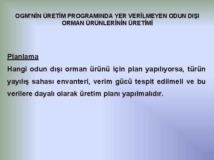 OGM’NİN ÜRETİM PROGRAMINDA YER VERİLMEYEN ODUN DIŞI ORMAN ÜRÜNLERİNİN ÜRETİMİ Planlama Hangi odun dışı