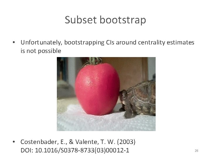 Subset bootstrap • Unfortunately, bootstrapping CIs around centrality estimates is not possible • Costenbader,