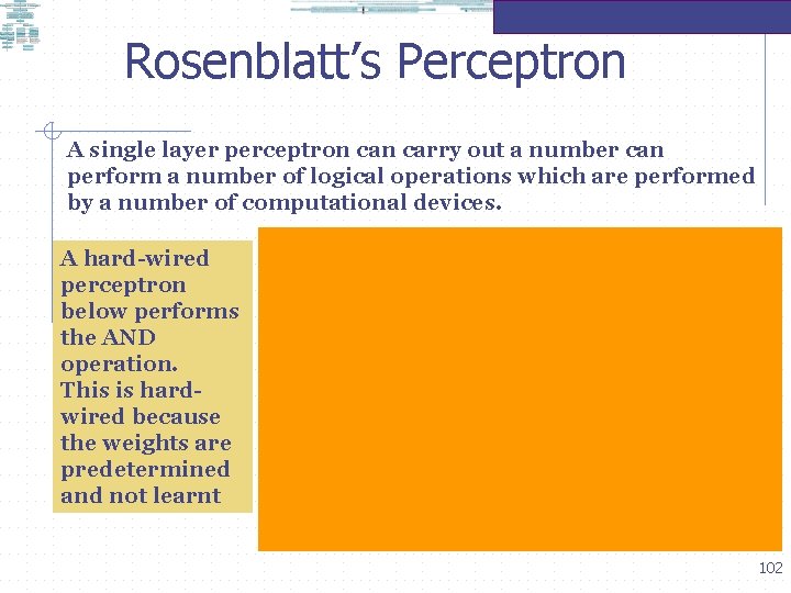 Rosenblatt’s Perceptron A single layer perceptron carry out a number can perform a number