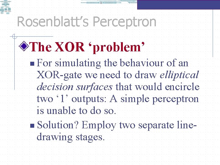 Rosenblatt’s Perceptron The XOR ‘problem’ For simulating the behaviour of an XOR-gate we need