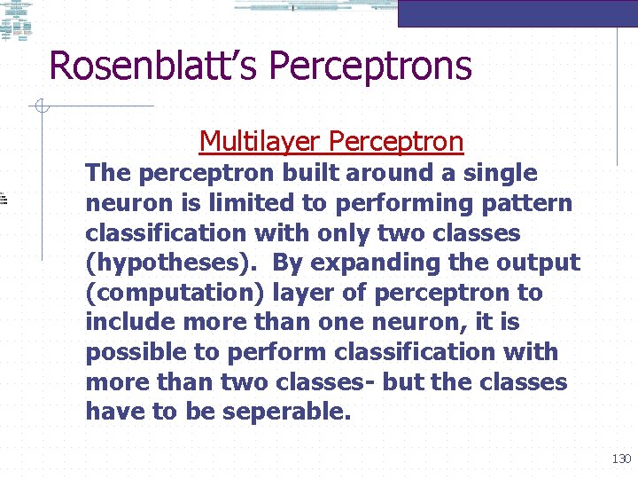 Rosenblatt’s Perceptrons Multilayer Perceptron The perceptron built around a single neuron is limited to Rosenblatt’s Perceptrons Multilayer Perceptron The perceptron built around a single neuron is limited to