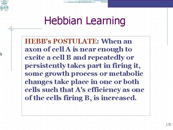 Hebbian Learning HEBB’s POSTULATE: When an axon of cell A is near enough to