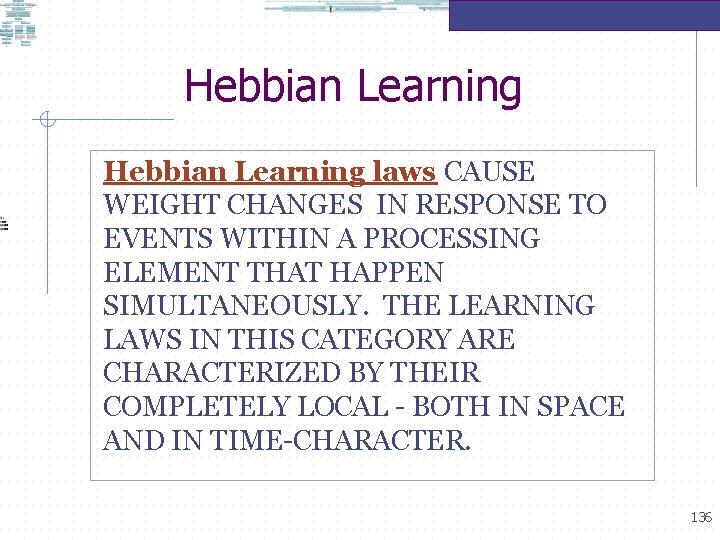 Hebbian Learning laws CAUSE WEIGHT CHANGES IN RESPONSE TO EVENTS WITHIN A PROCESSING ELEMENT