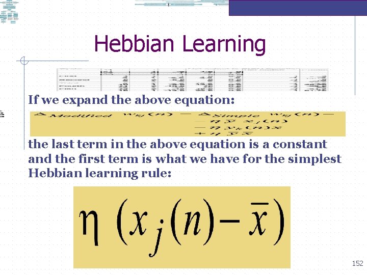 Hebbian Learning If we expand the above equation: the last term in the above