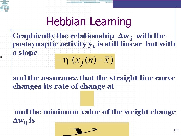 Hebbian Learning Graphically the relationship ∆wij with the postsynaptic activity yk is still linear