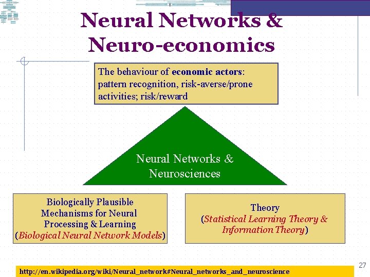 Neural Networks & Neuro-economics The behaviour of economic actors: pattern recognition, risk-averse/prone activities; risk/reward